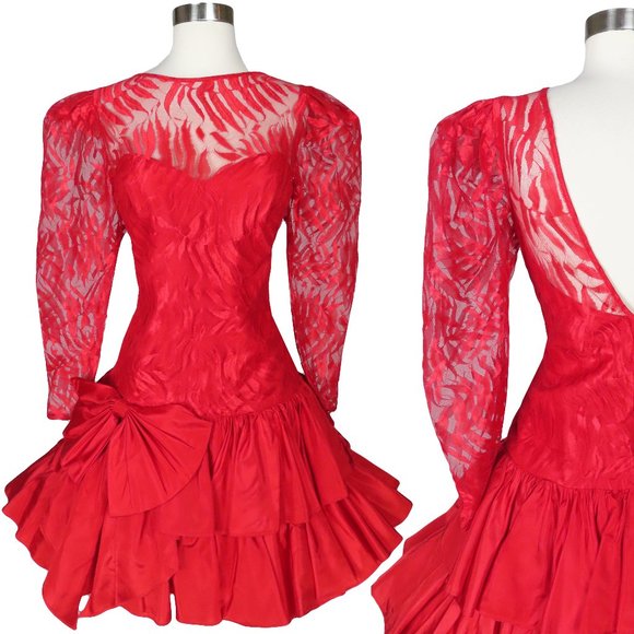Red Solid Women Bow Tie Neck Button Up Vintage Pleated Party Elegant Robes Short Sleeve Dress